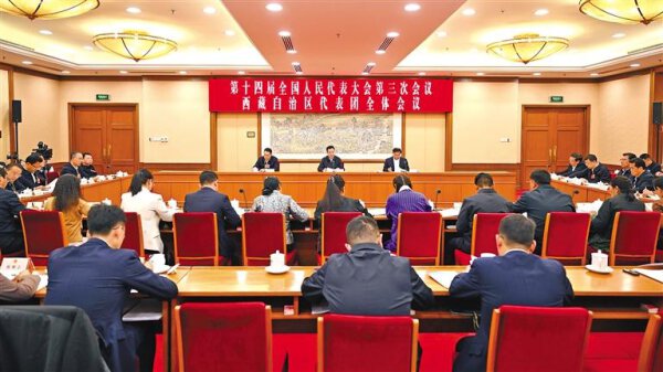 西藏代表团举行全体会议传达学习习近平总书记在参加江苏代表团审议时的重要讲话精神 继续审议政府工作报告 审查计划报告和预算报告 王君正讲话 嘎玛 ...
